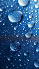 Water drops on a blue background with sky view, abstract nature and freshness concept