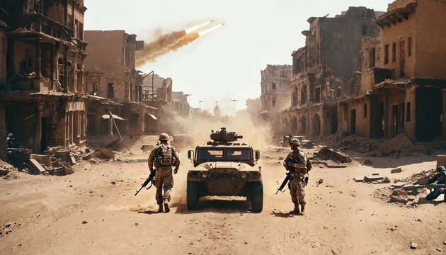 Masked terrorists with AK-47s sneak up on soldiers in destroyed town; missiles fly, dust and heat, soldiers exit military jeep in war-torn, deserted area, desert sand, drought, fictional place