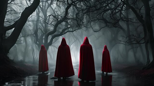 An atmospheric scene featuring four hooded figures in red cloaks standing in a foggy, eerie forest. The bare, twisted trees and mist create a sense of mystery and foreboding.