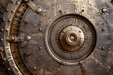Fototapeta premium vintage bank vault door with complex mechanical details and a weathered metallic surface