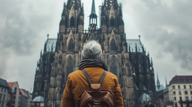 Ultra-sharp photograph of a retired woman standing in awe before a grand cathedral, embracing her lifestyle of exploration and inspiration