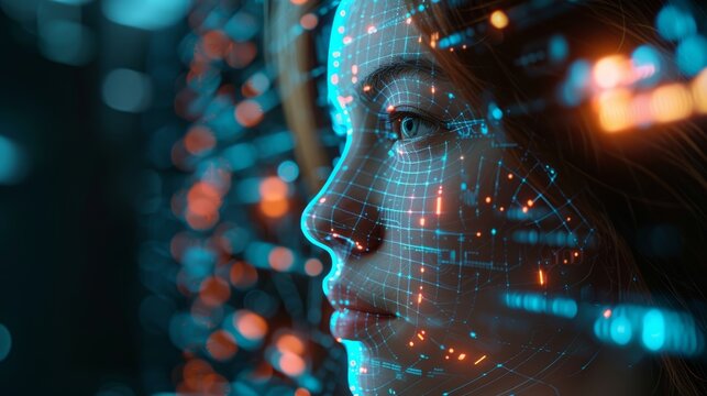 A woman's face is overlaid with glowing digital lines and code, representing the convergence of technology and humanity.