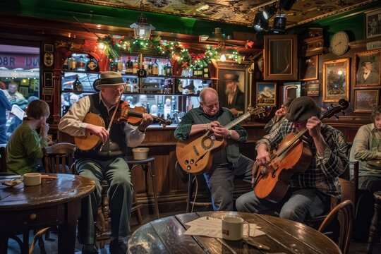Men play instruments at a bar in a traditional Irish pub, entertaining patrons with live music and creating a lively atmosphere, A traditional Irish pub with live music and dancing