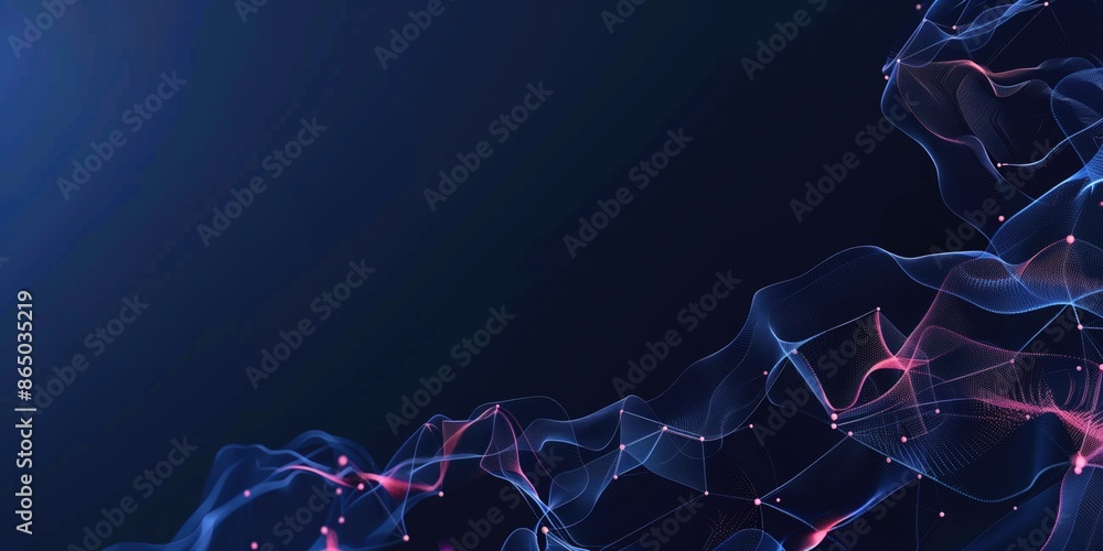 Poster dark blue and magenta wavy glowing flow mesh minimalistic digital technology science background with