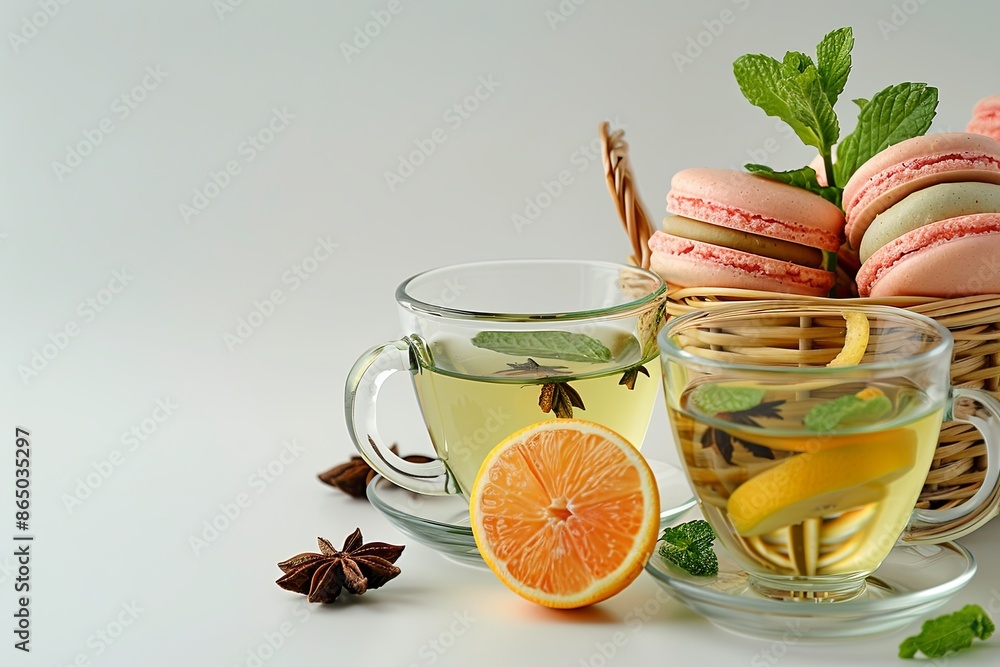 Wall mural Tea Time Elegance: Elegant green tea served in glass cups with star anise, mint, and lemon, paired with a delightful basket - Wall murals