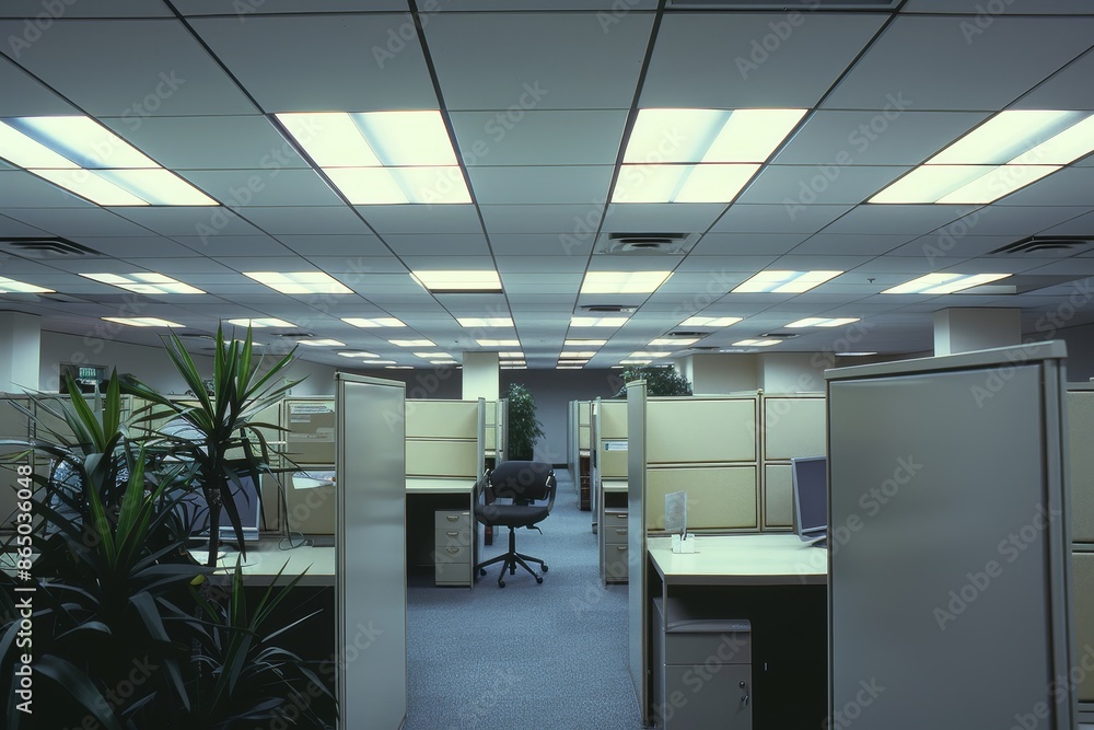 Poster office cubicle setting with multiple cubicles and various green plants, creating a productive work e