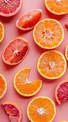Close-up of orange and grapefruit slices on a pink background