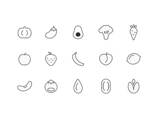 Outline food icons. Vegetable icons. Fruit icons. Nut icons. Icons set. Icons on white background. 