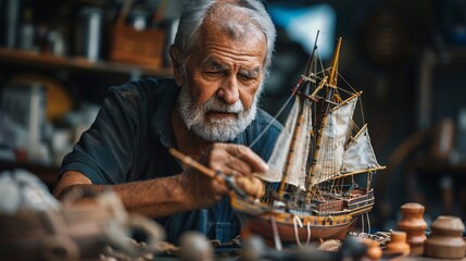 Detailed close-up of a retired man building a model ship as a hobby during a relaxing trip