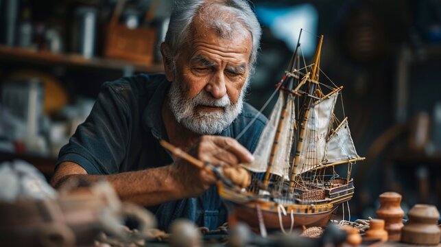 Detailed close-up of a retired man building a model ship as a hobby during a relaxing trip