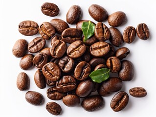 A pile of coffee beans with a leaf on top