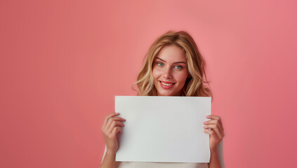 Portrait of a beautiful happy female holding a white blank paper sheet, smiling and looking at the camera isolated on a pink background