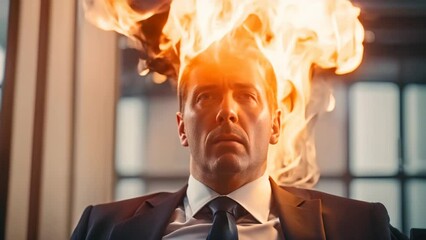 Caucasian businessman in a suit with flames erupting from his head, standing indoors with a serious expression, symbolizing stress or burnout