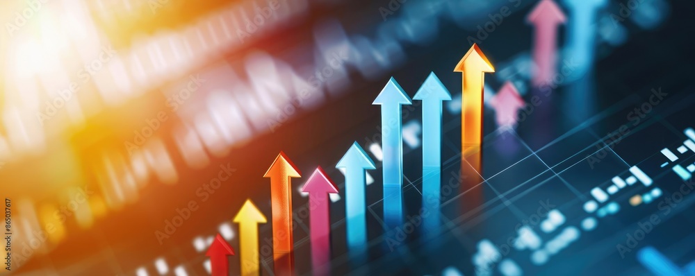Poster stock market graph with colorful arrows indicating financial growth and success amid a digital inter