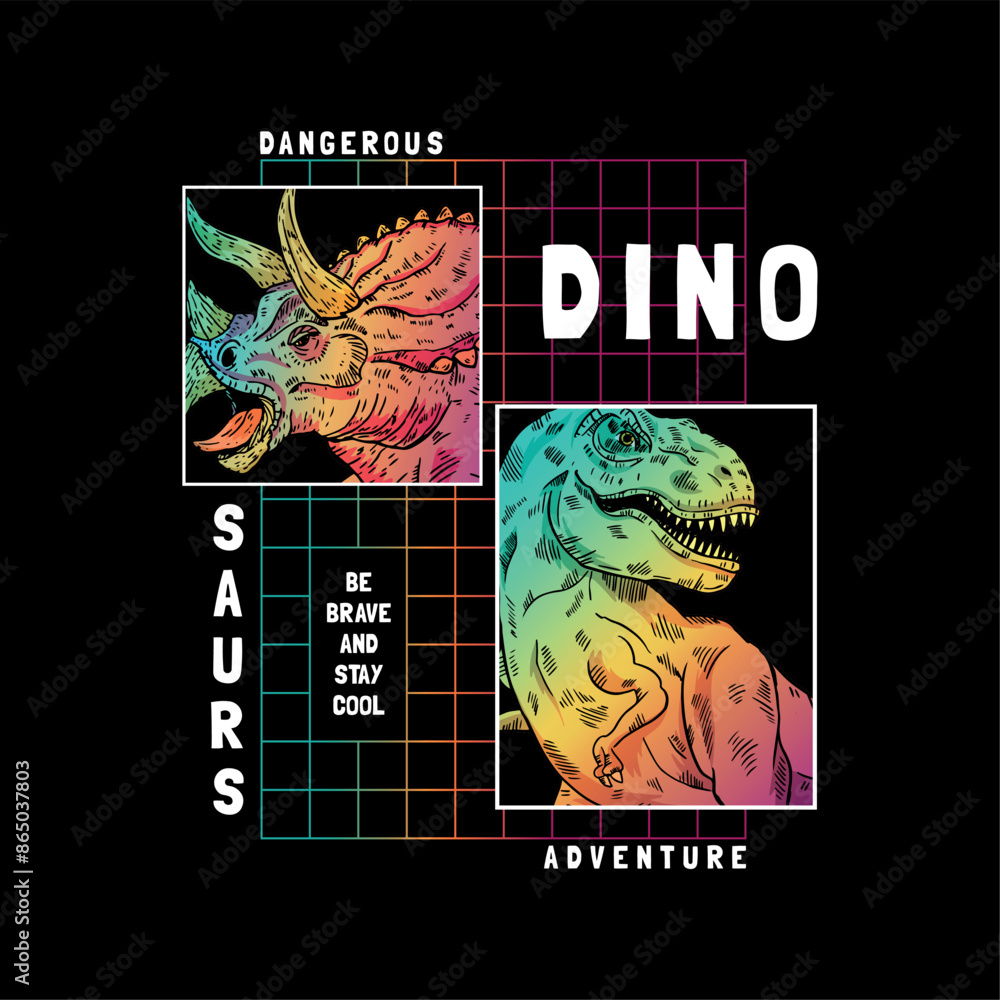 Poster textile print design with with dinosaurs drawing as vector
