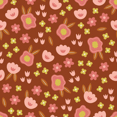 Retro seamless pattern with flowers, tulips, leaves. Vector illustration