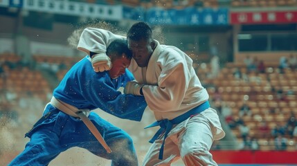 The intensity of the Olympic 2024 judo competition, with athletes executing throws, holds, and grappling techniques in a battle of strength and technique
