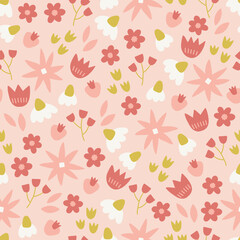 Obraz premium Retro seamless pattern with tulips, chamomile, leaves, cute flowers