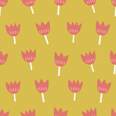 Floral seamless pattern with tulips on yellow background. Vector illustration