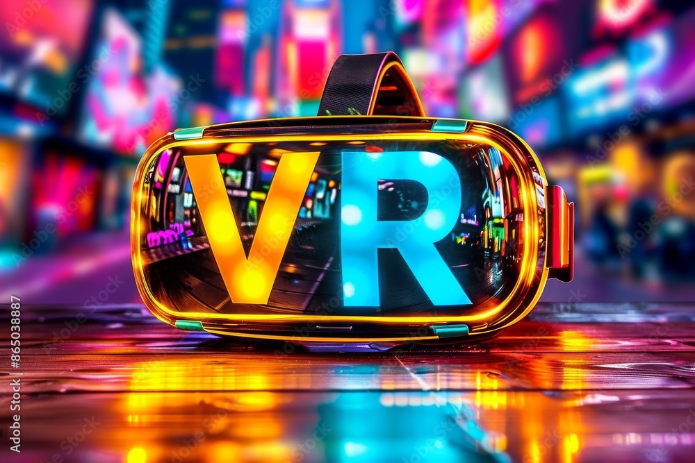 Poster close-up of a vr headset with glowing vr text, representing immersive virtual reality experience in 