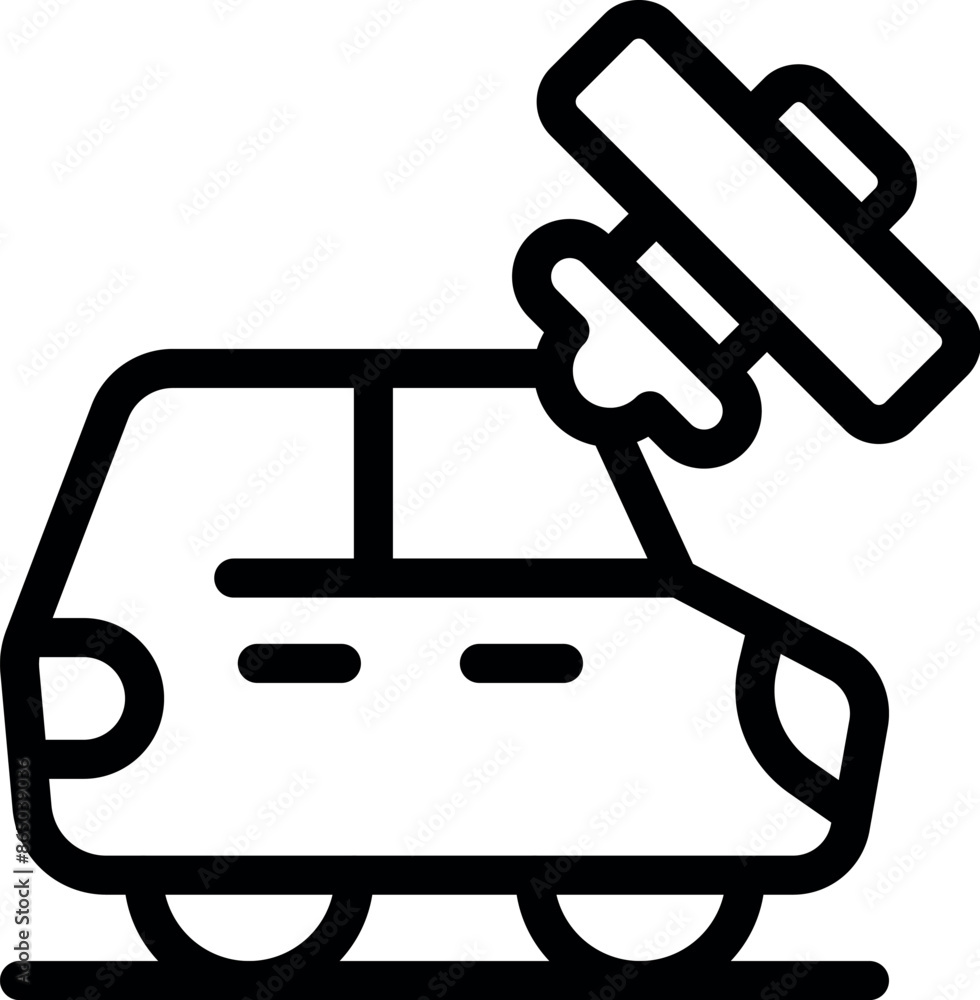 Poster line icon of a car with its roof being fixed by a mechanic using a special tool