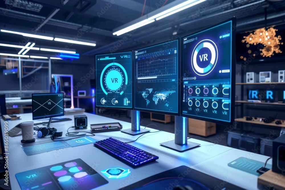 Poster man using vr headset in a high-tech lab, exploring advanced virtual reality technology for scientifi
