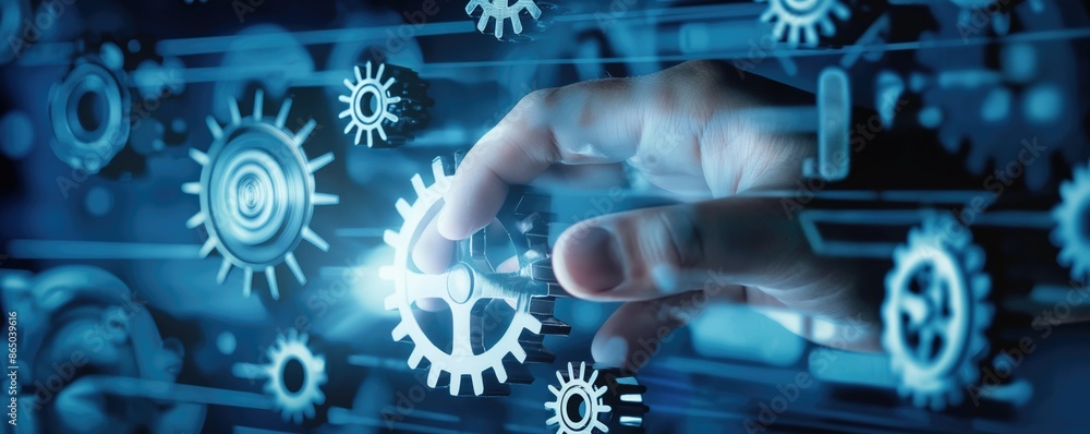 Poster hand adjusting digital gears on a futuristic interface, representing technological innovation. high-