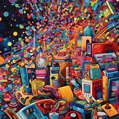 Cityscape Collage: A Vivid Explosion of Color and Culture