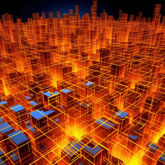 Cityscape in Red and Orange Hues with Grid Structure