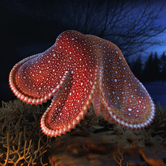 Close-up of a vibrant red octopus with white spots