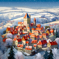 Cobble Stone Medieval European Village by Night