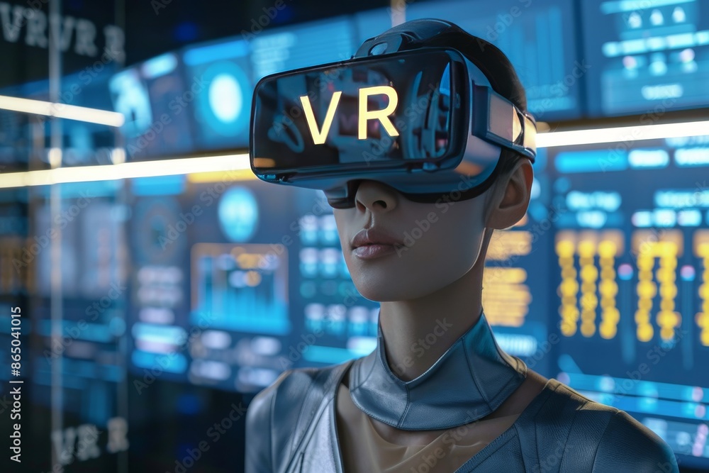 Poster woman using vr headset in a high-tech workspace, exploring virtual reality applications for professi