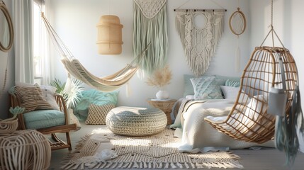 A beachy boho guest room with macrame wall hangings, rattan furniture, beachcomber finds, and a hammock chair for a laid-back coastal vibe.