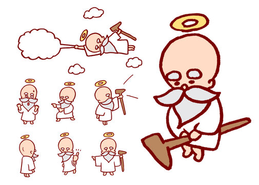 頭に輪っかを乗せた髭を生やしたかわいい神様