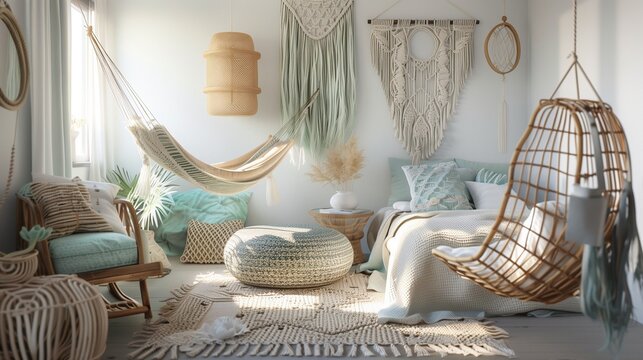A beachy boho guest room with macrame wall hangings, rattan furniture, beachcomber finds, and a hammock chair for a laid-back coastal vibe.