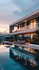 Fototapeta premium Modern villa with a pool and stunning mountain views at sunset