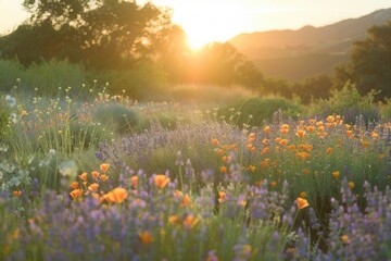 Obraz premium A field of wildflowers, bathed in the warm glow of the rising sun, against the backdrop of rolling hills. Generative AI