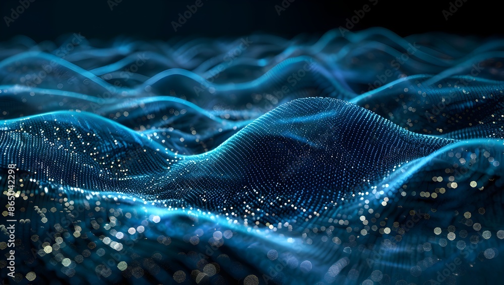 Poster abstract blue digital background with glowing dots and waves of particles on black space, ai technol