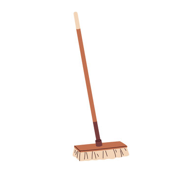 recommend clip art: Floor brush, mop with long stick, handle. Cleanup household accessory. Housework clean supply, tool, equipment for sweeping, wiping, cleaning. Flat vector illustration isolated on white background