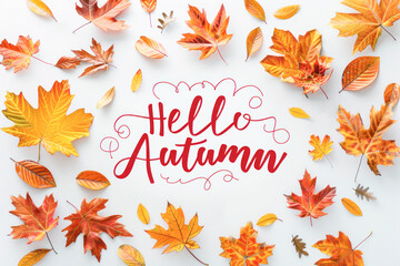 Hello Autumn Seasonal Greeting with Colorful Leaves. "Hello Autumn" text surrounded by vibrant, colorful autumn leaves on a white background, perfect for seasonal greetings and fall-themed designs.	