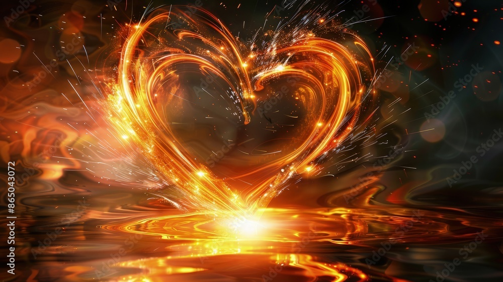 Sticker a dynamic heart shaped from swirling, spark-filled orange light, casting bright reflections on a glo