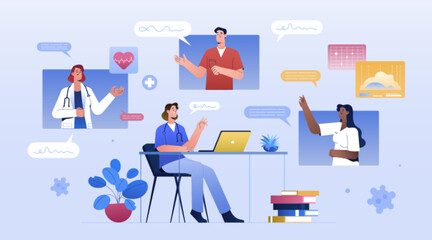 Online medical conference or webinar. Doctors on video call. Healthcare workers communicating. Medical education lecture, training course or physician internet seminar. Students listening professor