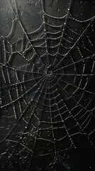 Obraz premium A spider Halloween web is shown in black and white. The web is very intricate and detailed, with many strands of silk