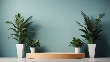 Podium with plant decorations, podium for product promotion, podium with beautiful colors, 3d rendering of product promotion podium