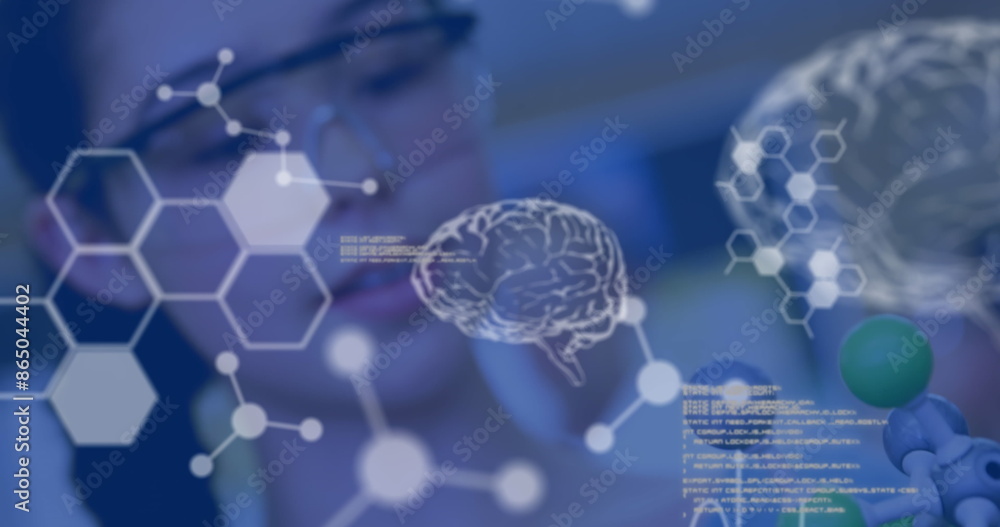 Poster image of humans brain and data processing over female scientist in laboratory