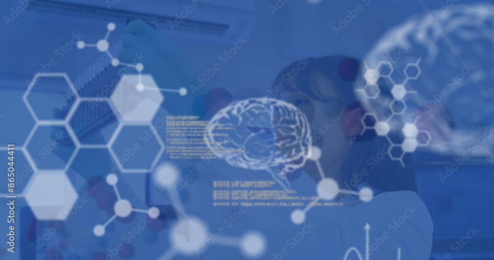 Poster image of human brains and data processing over female scientist in laboratory