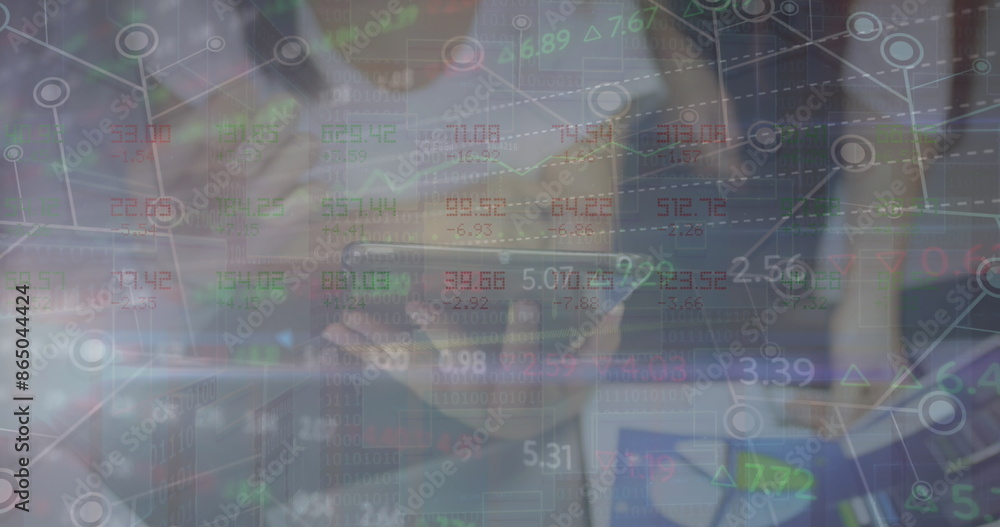 Poster image of financial data processing over diverse business people using tablet
