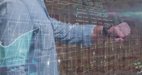 Image of data processing over caucasian businessman using smartwatch