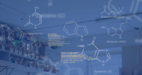 Image of chemical structures and data processing over laboratory