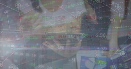 Image of financial data processing over diverse business people using tablet